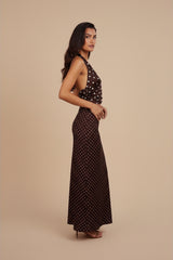 Chocolate Polka Dot Maxi Skirt & Halter Neck Top Co-ord Set- Jaune