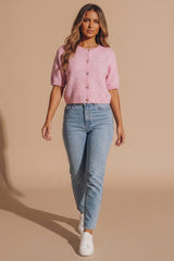 Pink Short Sleeve Button Front Knit Cardigan - Koiley
