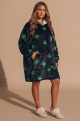 Black Leaf Print Oversized Blanket Fleece Hooded -  Pomni