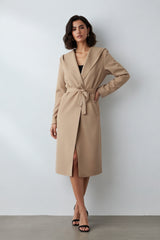 Beige Belted Collared Longline Coat- Zvana