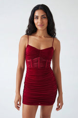 Rust Mesh Ruched Sheer Panel Strappy Bodycon Mini Dress - Hester