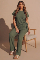 Khaki Tie Side Relaxed Fit Top And Wide Leg Trousers - Cheese