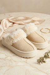 Beige Faux Suede Platform Slipper Mules - Moix