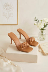 Camel Reversible Plait Strap Square Toe Heeled Mules - Juana