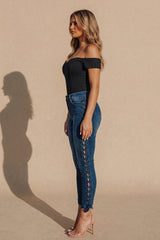 Blue Lace Up Side Detail Skinny Jeans-Vina