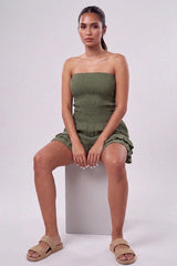 Khaki Shirred Bandeau Frill Hem Playsuit-Lureva