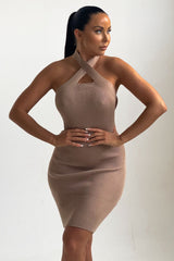 Stone Knitted Cut Out Crossover Halter Neck Bodycon Mini Dress - Elena