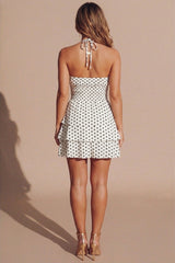 Cream Polka Dot Tiered Frill Halterneck Mini Dress- Joyna