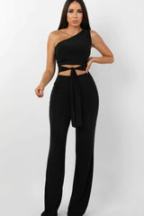 Black Tie Front Slinky One Shoulder Wide Leg Jumpsuit - Heather