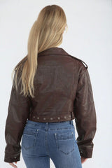 Brown Faux Leather Cropped Belted Biker Jacket - Kiera