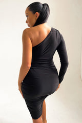 Black One Shoulder Ruched Slinky Midi Dress - Savannah