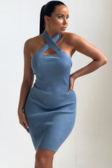 Dusky Blue Knitted Cut Out Crossover Halter Neck Bodycon Mini Dress - Elena