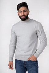 Mens Ecru Marl Ribbed High Neck Long Sleeve Jumper - Turtle