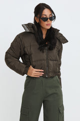 Khaki Cropped Padded Long Sleeve Zip Front Shower Proof Jacket - Harper