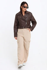 Brown Faux Leather Cropped Belted Biker Jacket - Kiera