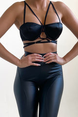 Black Satin Cup Detail Strappy Cross Over Bralette Top - Mavise