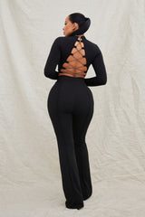 Black High Neck Long Sleeve Crop Top High Waisted Trousers Seam Detail Co-ord - Selah