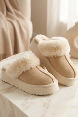 Beige Faux Suede Platform Slipper Mules - Moix