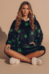 Black Leaf Print Oversized Blanket Fleece Hooded -  Pomni