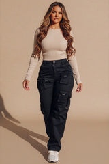 Black High Waisted Button Up Three Side Pocket Straight Leg Cargo Trousers - Violetta
