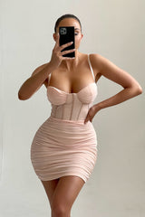 Nude Mesh Ruched Corset Strappy Bodycon Mini Dress - Penny