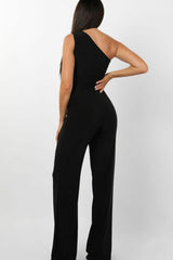 Black Tie Front Slinky One Shoulder Wide Leg Jumpsuit - Heather