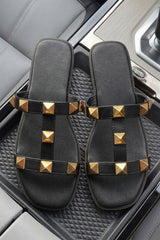 Black Gold Stud Multi Strap Flat Slider Sandals - Roibx