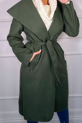 Khaki Waterfall Duster Belted Long Coat - Pola