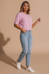 Pink Short Sleeve Button Front Knit Cardigan - Koiley