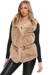 Camel PU Faux Leather Faux Fur Gilet - Liana