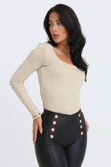 Stone Scoop Neck Long Sleeve Soft Touch Fitted Bodysuit - Emma