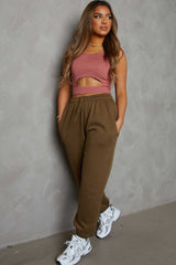 Khaki Oversized High Waisted Shirred Drawstring Pocket Detail Cuffed Joggers - Samira
