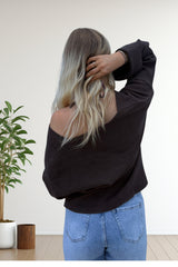 Brown V-Neck Knit Long Sleeve Sweater with Gold Button Details Cardigan Top - Liorena