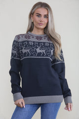 Navy Reindeer Knitted Christmas Jumper - Freya