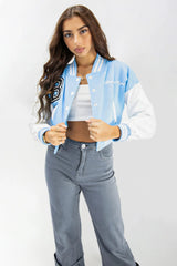 Sky Blue Varsity Slogan Contrast Sleeve Bomber - Hallie