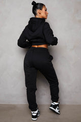 Black Long Sleeve Cropped Fleece Hoodie & Cuffed Joggers Loungewear Set - Layla