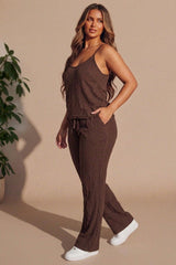Brown Crinkle Textured Cami Top & Wide Leg Trouser Set - Camya
