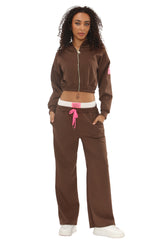 Brown Cropped Zip-Up Hoodie with Wide Leg Joggers Statement Patch Loungewear Set – Zaria