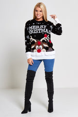 Black Merry Christmas Reindeer Pom Pom Jumper – Poplyn