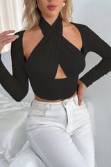 Black Slinky Cross Wrap Halter Crop Top - Donelia