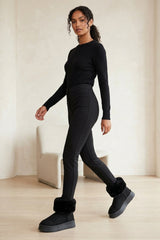 Black Faux Suede Faux Fur Cuff Chunky Platform Ankle Boots - Silo