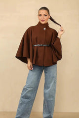 Brown Belted High Neck Cape Coat - Vivienne