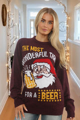 Burgundy Christmas Beer Santa Knitted Jumper - Tinsel