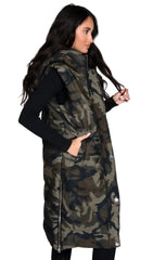 Camo Sleeveless Longline Midi Zip Up Hooded Puffer Gilet - Terri