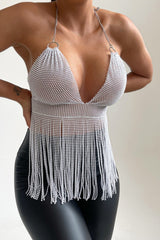 White Halter Neck Open Back Chain Mail Tassel Top - Dani