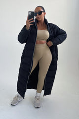 Black Longline Maxi Zip Up Puffer Coat - Heather