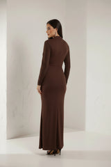 Brown High-Neck Fully Embellished Crystal Mermaid Gown-Myna