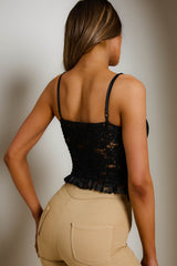 Black Embroidered Strappy Cropped Length Mesh Insert Top - Emilia