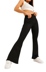 Black Wide Ribbed Basic Flared High Waist Fit Trousers- Clara