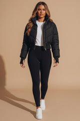 Black High Neck Padded Cropped Puffer Jacket - Cloin